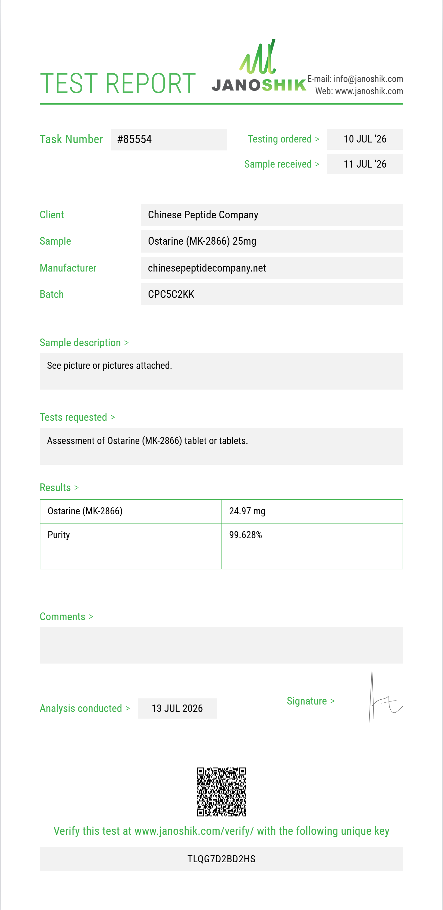 Ostarine (MK-2866) Purity (HPLC) report by Janoshik Analytical