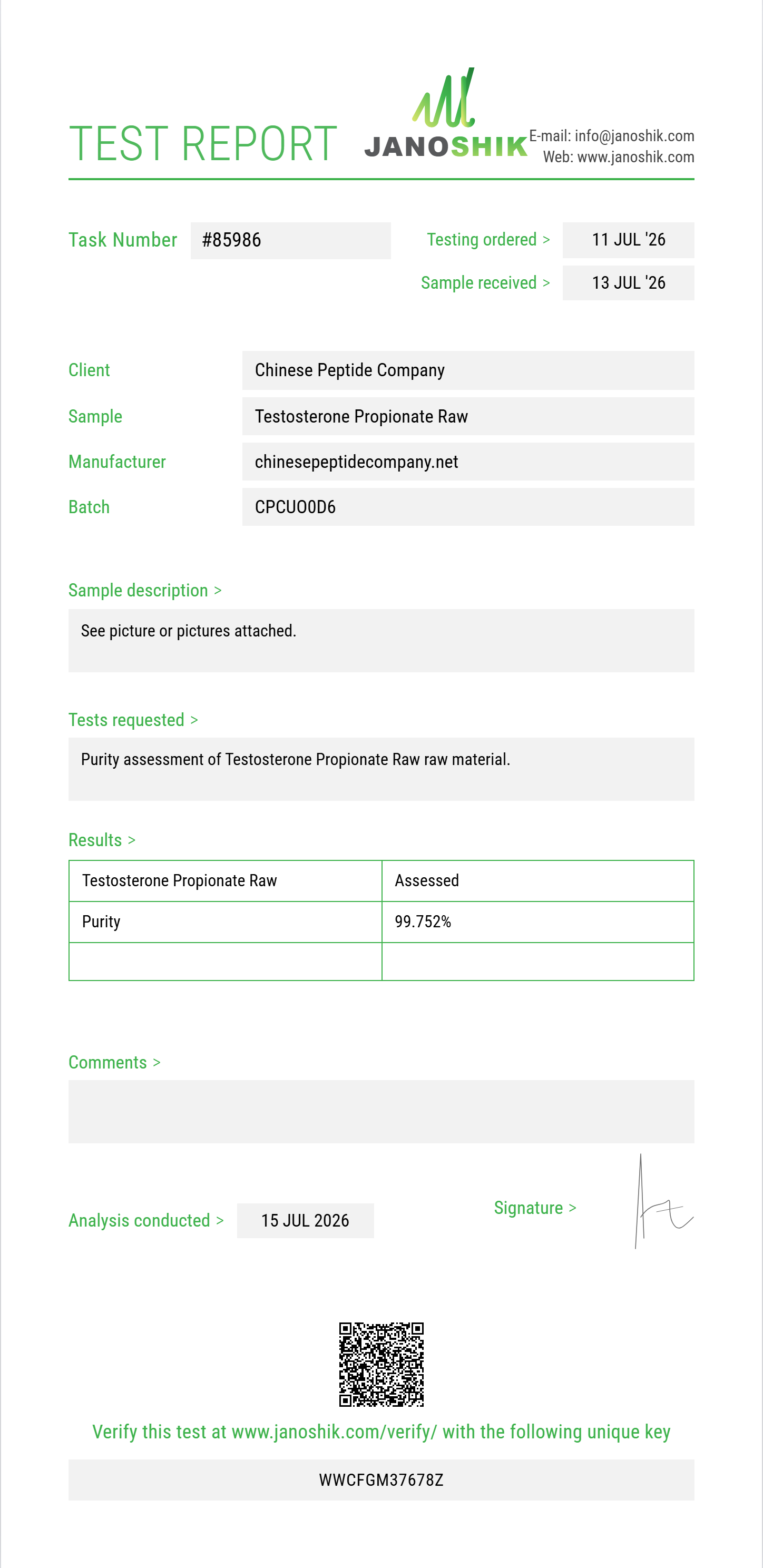 Testosterone Propionate Raw Purity (HPLC) report by Janoshik Analytical