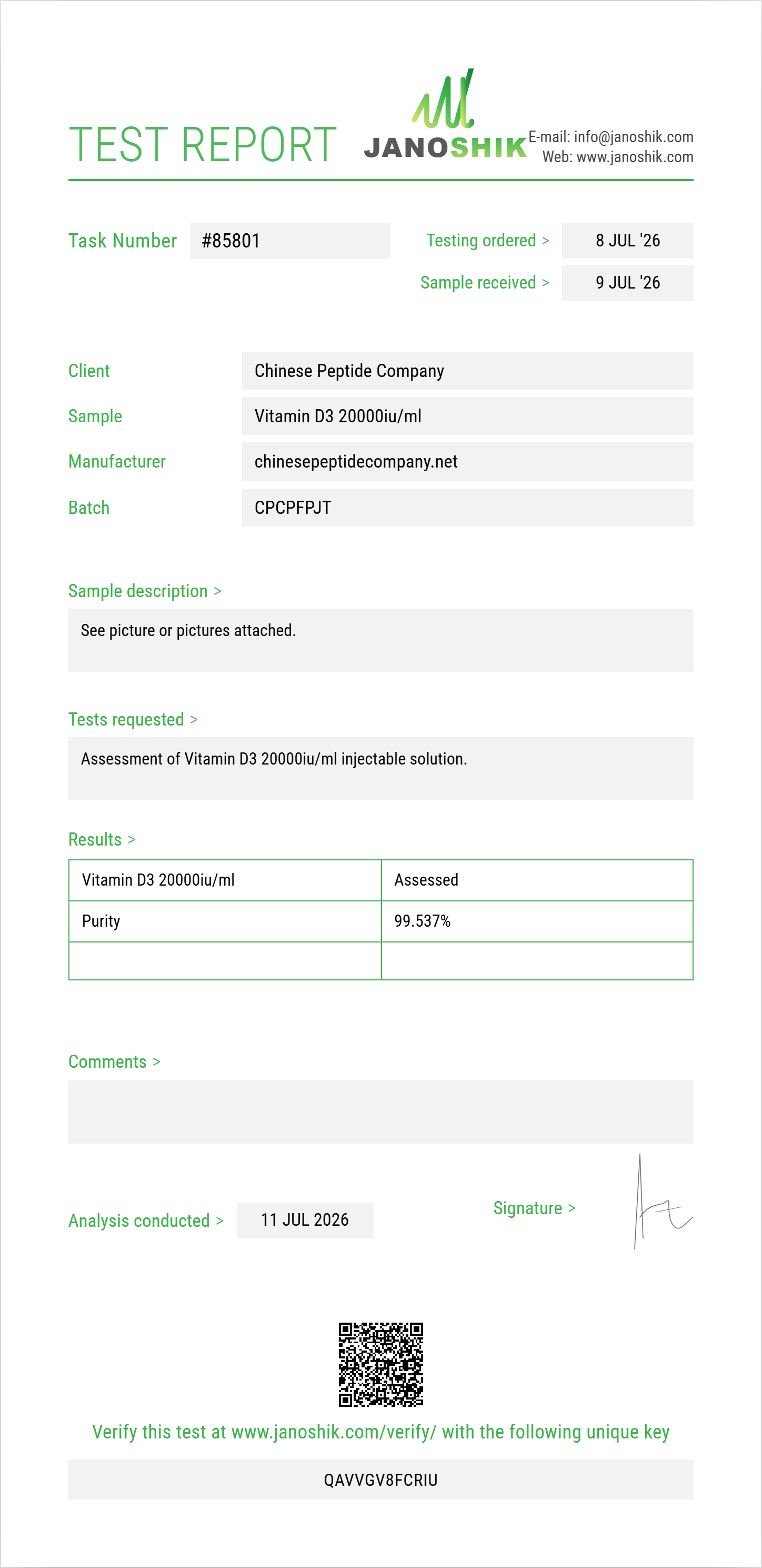 Vitamin D3 20000iu/ml Purity (HPLC) report by Janoshik Analytical